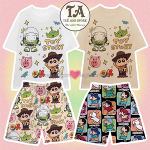 Set bộ đùi cotton quần áo hoạt hình hoạ tiết đáng yêu Mặc nhóm Đi Biển - Bộ mặc nhà Cartoon form rộng Unisex