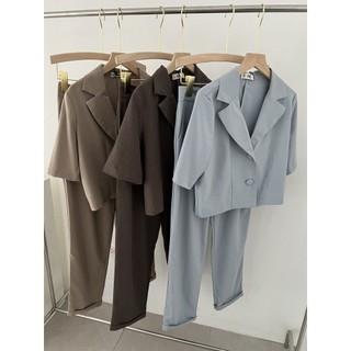 Set vest cati áo cổ vest phối quần baggy vải chéo hàn cực tôn dáng A1639