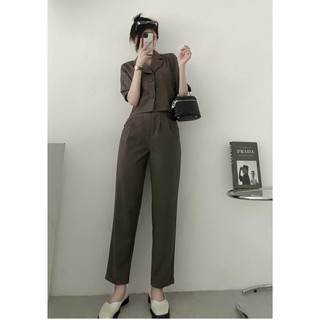 Set vest cati áo cổ vest phối quần baggy vải chéo hàn cực tôn dáng A1639