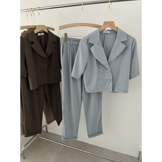 Set vest cati áo cổ vest phối quần baggy vải chéo hàn cực tôn dáng A1639