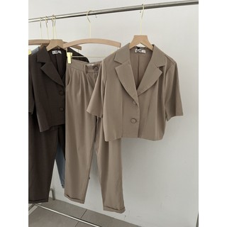 Set vest cati áo cổ vest phối quần baggy vải chéo hàn cực tôn dáng A1639