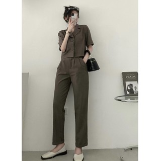 Set vest cati áo cổ vest phối quần baggy vải chéo hàn cực tôn dáng A1639