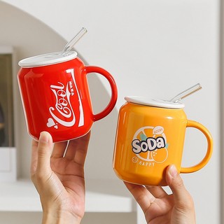 Cốc sứ uống nước nhiều màu kèm nắp và ống hút thủy tinh dung tích 400ml