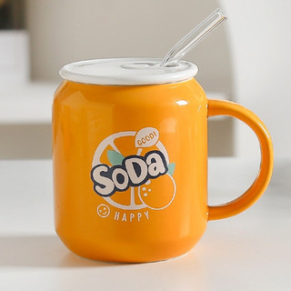 Cốc sứ uống nước nhiều màu kèm nắp và ống hút thủy tinh dung tích 400ml