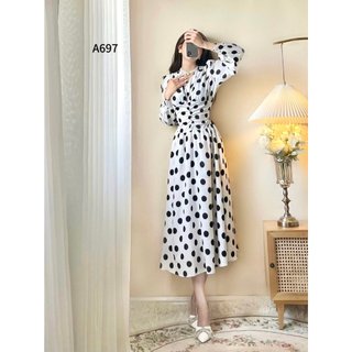 Đầm lụa chấm bi cổ V dáng dài rúm eo 2 màu siêu xinh A0697