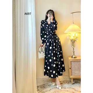 Đầm lụa chấm bi cổ V dáng dài rúm eo 2 màu siêu xinh A0697