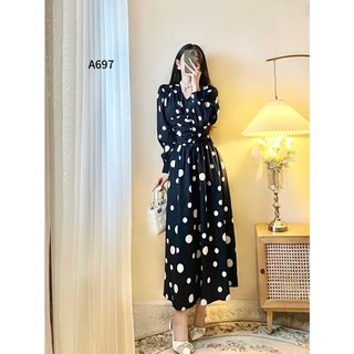 Đầm lụa chấm bi cổ V dáng dài rúm eo 2 màu siêu xinh A0697