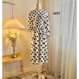 Đầm lụa chấm bi cổ V dáng dài rúm eo 2 màu siêu xinh A0697