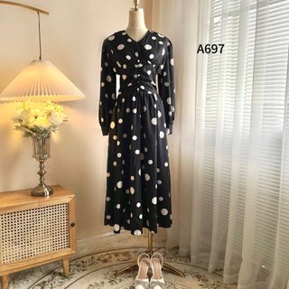 Đầm lụa chấm bi cổ V dáng dài rúm eo 2 màu siêu xinh A0697