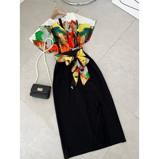 Đầm lụa phối umi đắp vạt cổ V họa tiết sang chảnh dự tiệc cho các nàng A2084