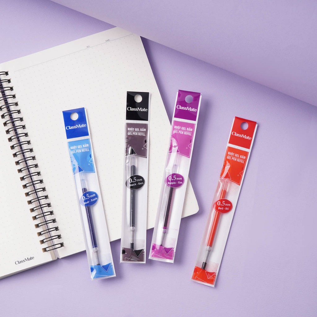 Ngòi Bút Gel Bấm 0.5mm CLASSMATE Ruột Bút Gel 4 Màu Mực Xanh Đen Tím Đỏ, Viết Trơn, Nét Đẹp, Đều Mực, Nhanh Khô CL-GR103