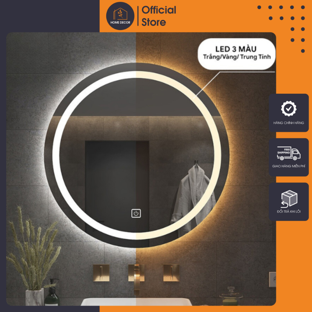 Gương Tròn Treo Tường Có Đèn LED, Gương Treo Bàn Trang Điểm, Nhà Tắm, Nút Cảm Ứng tắt mở Cao cấp