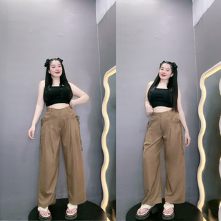 Quần suông nữ túi hộp cột nơ túi, Quần dài ống rộng size lớn mập dành cho các nàng bigsize phong cách đơn giãn QNT