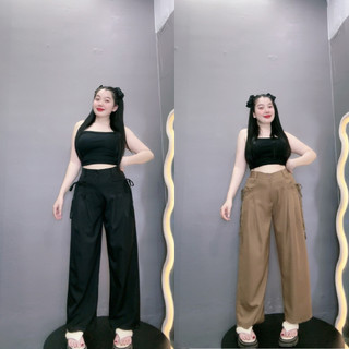 Quần suông nữ túi hộp cột nơ túi, Quần dài ống rộng size lớn mập dành cho các nàng bigsize phong cách đơn giãn QNT