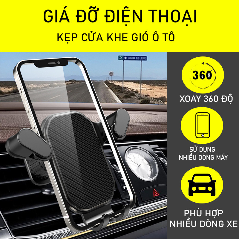 Giá đỡ điện thoại trên ô tô cao cấp, kẹp gắn cửa khe gió điều hoà xoay 360 nhỏ gọn tiện lợi cho xe