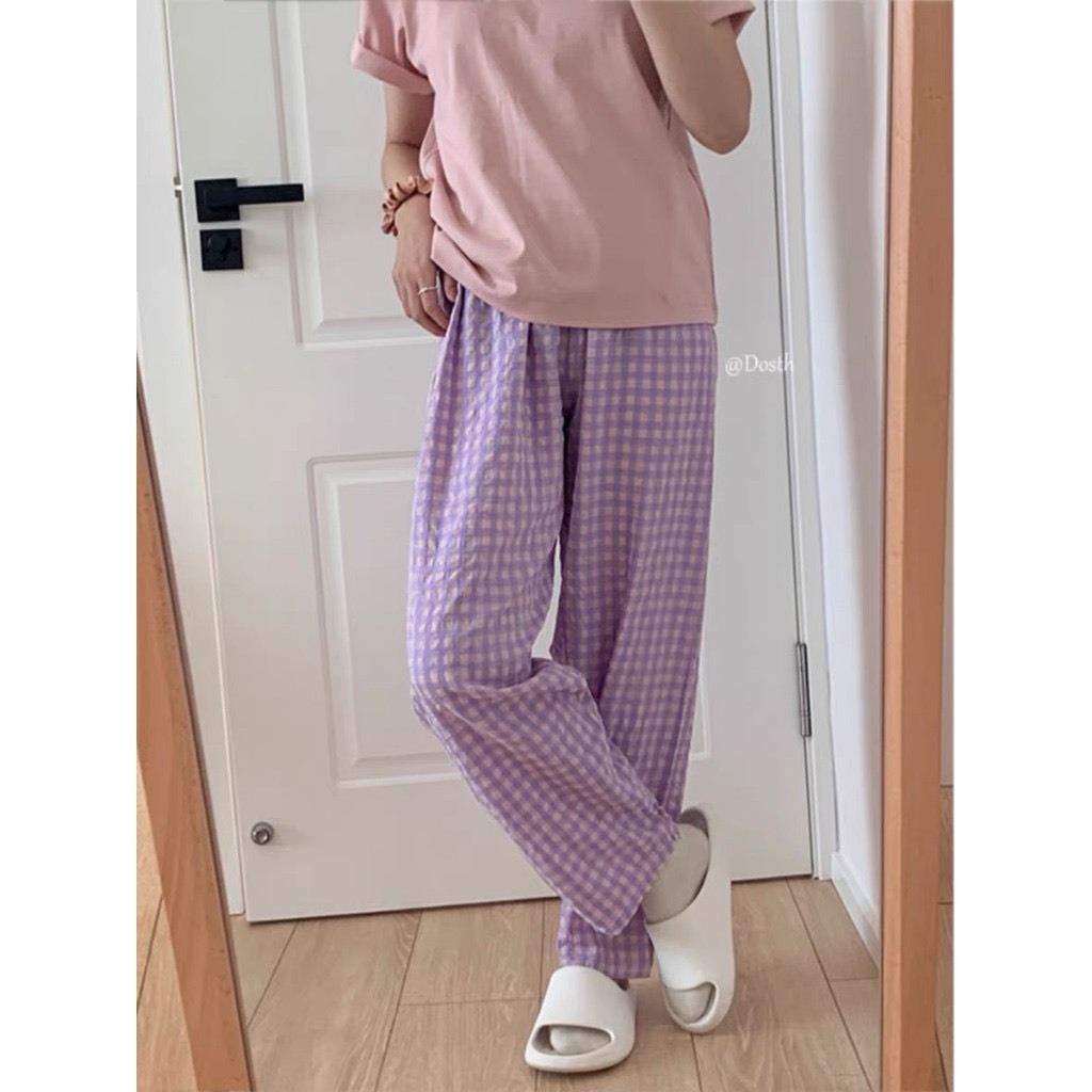 Quần dài nữ Baggy JULY, quần dài caro lưng thun Chất đũi