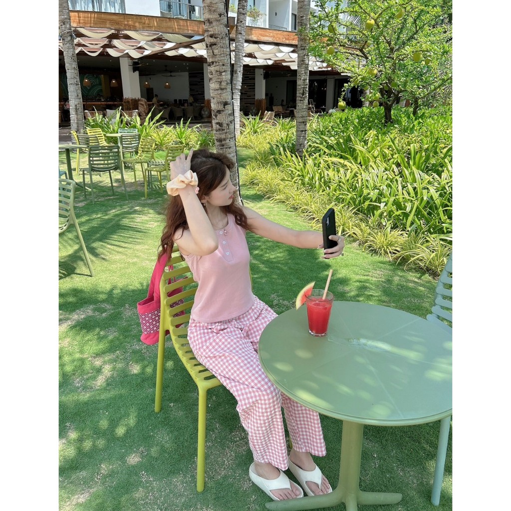 Quần dài nữ Baggy JULY, quần dài caro lưng thun Chất đũi