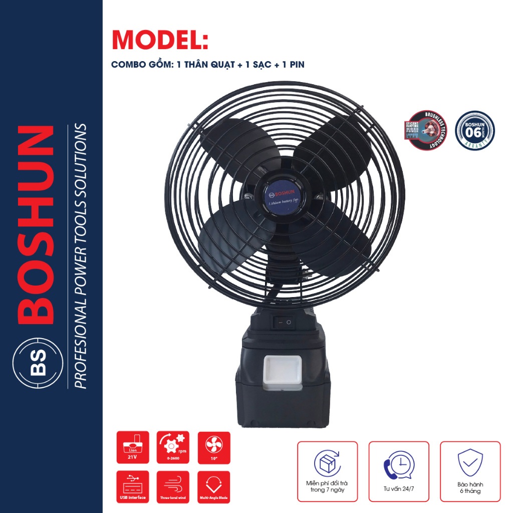 Quạt chạy pin 8 inch BOSHUN lồng sắt sài chung pin Makita 18v chân pin phổ thông