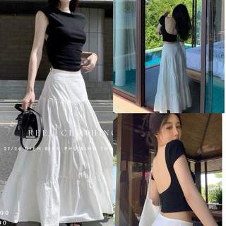 Set áo zip co giãn hở lưng mix chân váy thô mềm mặc đi chơi đi di lịch