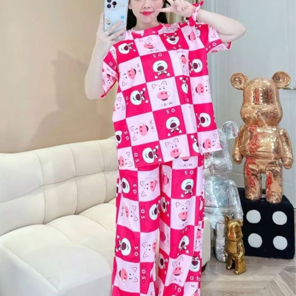 Đồ Bộ Nữ Bigsize Quần Suông Cạp Cao Có Túi Thun Tăm Lạnh Form Rộng Tay Lửng Hoạt Hình ESHOP DB168