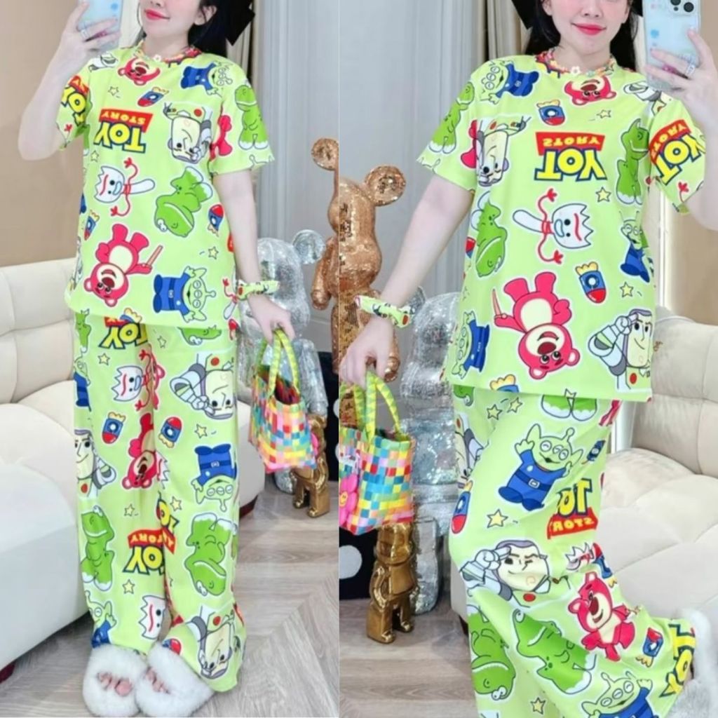 Đồ Bộ Nữ Bigsize Quần Suông Cạp Cao Có Túi Thun Tăm Lạnh Form Rộng Tay Lửng Hoạt Hình ESHOP DB168