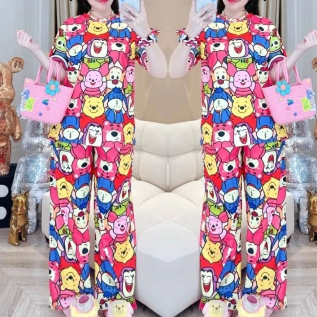 Đồ Bộ Nữ Bigsize Quần Suông Cạp Cao Có Túi Thun Tăm Lạnh Form Rộng Tay Lửng Hoạt Hình ESHOP DB168