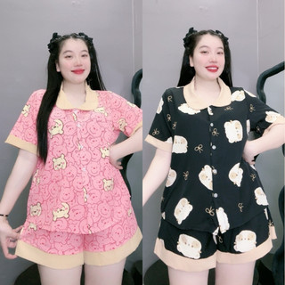 Set Pijama bigsize nữ hình thú dễ thương cổ cổ tiểu thư đi viền vải lụa thoáng mát mềm mịn SET49