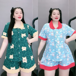 Set Pijama bigsize nữ hình thú dễ thương cổ cổ tiểu thư đi viền vải lụa thoáng mát mềm mịn SET49