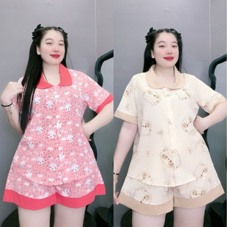 Set Pijama bigsize nữ hình thú dễ thương cổ cổ tiểu thư đi viền vải lụa thoáng mát mềm mịn SET49