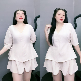 Set đồ nữ bigsize áo cổ chữ V tay lửng có dây buộc eo kèm quần short ống xòe chất đũi xốp gạo SET59