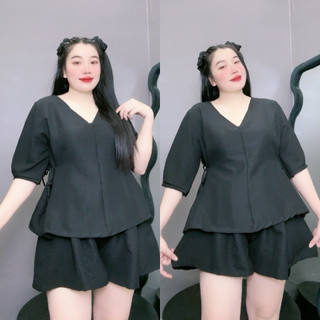 Set đồ nữ bigsize áo cổ chữ V tay lửng có dây buộc eo kèm quần short ống xòe chất đũi xốp gạo SET59