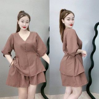 Set đồ nữ bigsize áo cổ chữ V tay lửng có dây buộc eo kèm quần short ống xòe chất đũi xốp gạo SET59