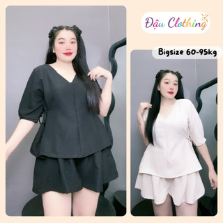 Set đồ nữ bigsize áo cổ chữ V tay lửng có dây buộc eo kèm quần short ống xòe chất đũi xốp gạo SET59