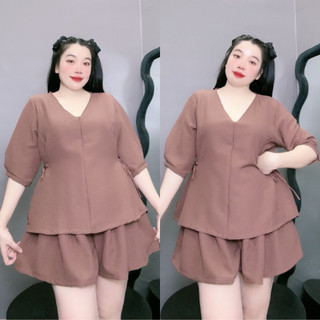 Set đồ nữ bigsize áo cổ chữ V tay lửng có dây buộc eo kèm quần short ống xòe chất đũi xốp gạo SET59