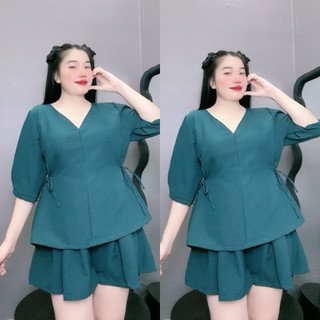 Set đồ nữ bigsize áo cổ chữ V tay lửng có dây buộc eo kèm quần short ống xòe chất đũi xốp gạo SET59