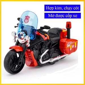 Đồ chơi mô hình xe mô tô cảnh sát tuần tra phân khối lớn, chất liệu hợp kim và nhựa, chạy cót, mở được cốp xe