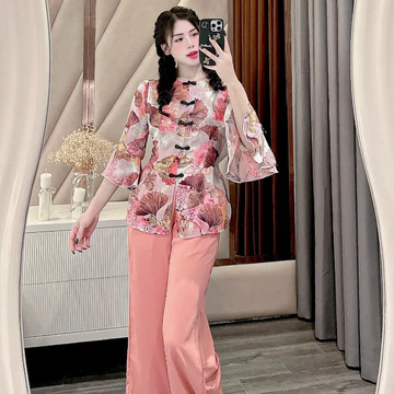 Đồ bộ áo bà ba cách tân nữ bộ đồ đồ bà ba nữ miền tây áo bà ba nữ set bà ba ống rộng đi chùa vải lụa gấm - cn104 -