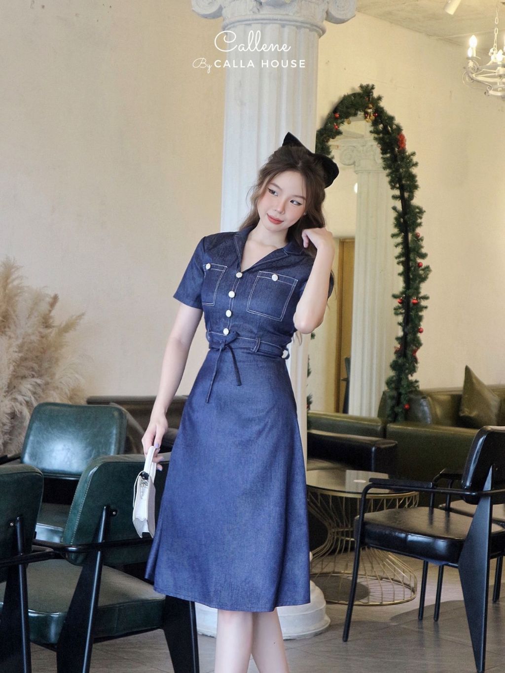Ảnh Đầm thiết kế công sở denim cổ danton viền chỉ thắt eo nút trước Callene (CC327) 3