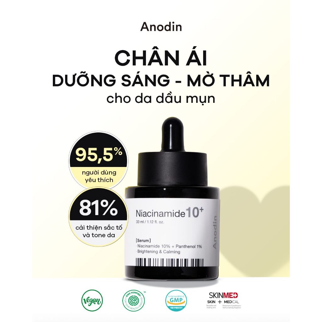 Tinh chất dưỡng sáng mờ thâm, giảm mụn kiểm soát dầu thừa ANODIN NIACINAMIDE 10 PLUS Serum 33ml