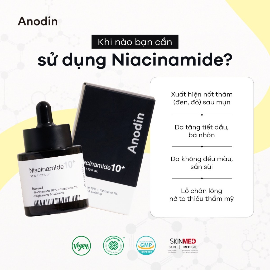 Tinh chất dưỡng sáng mờ thâm, giảm mụn kiểm soát dầu thừa ANODIN NIACINAMIDE 10 PLUS Serum 33ml