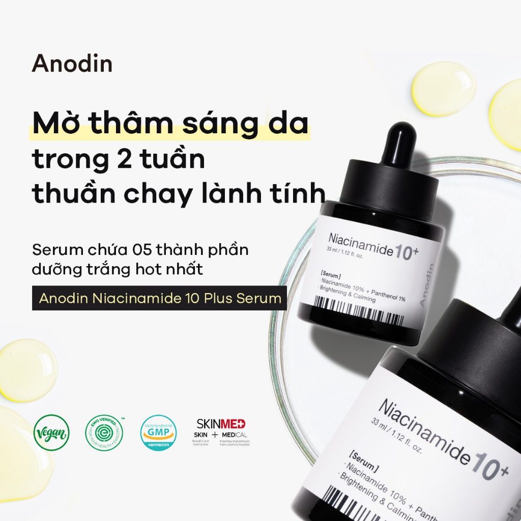 Tinh chất dưỡng sáng mờ thâm, giảm mụn kiểm soát dầu thừa ANODIN NIACINAMIDE 10 PLUS Serum 33ml