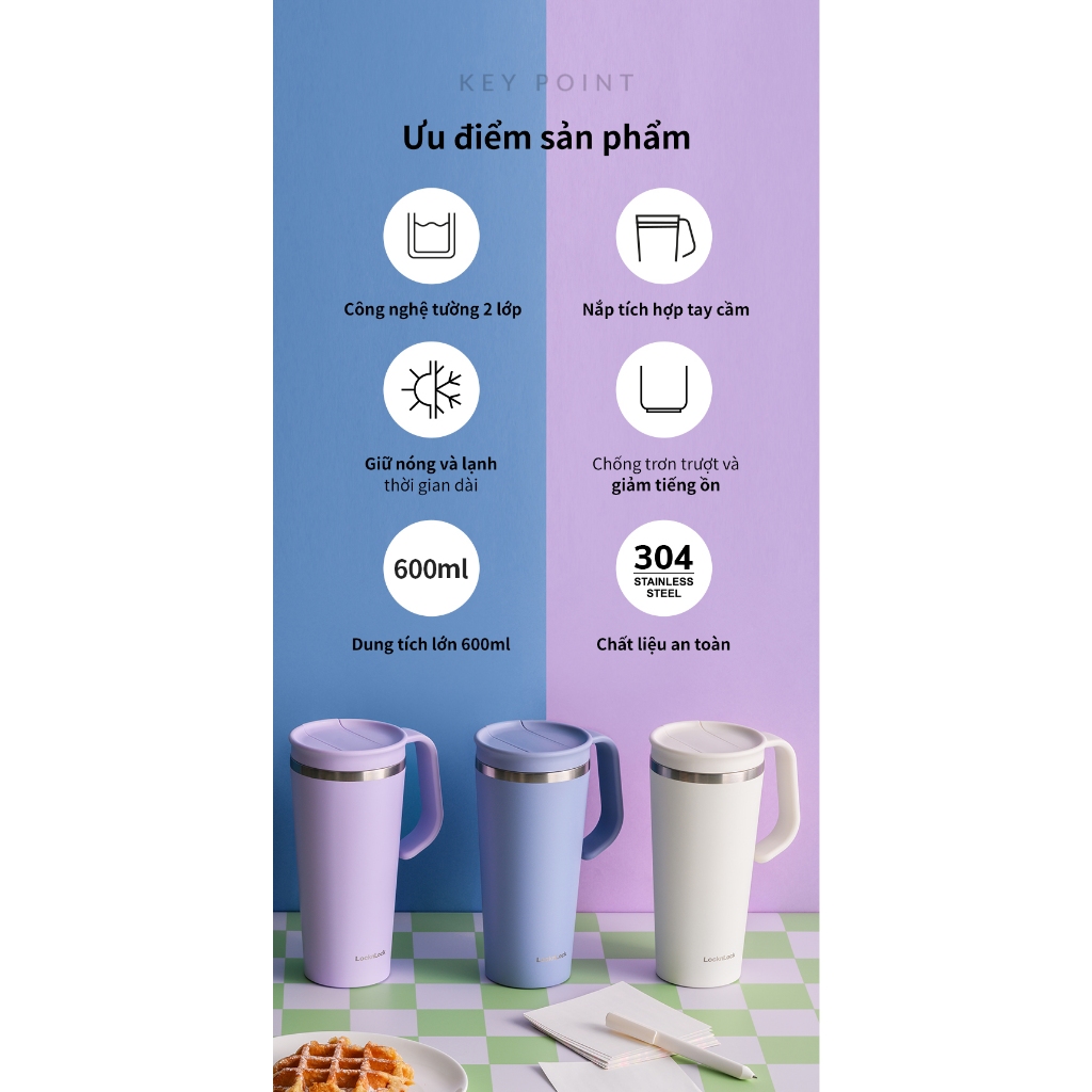 Bình giữ nhiệt Lock&Lock Daily Handle Tumbler 600ml LHC4330 Màu Tím , nắp trượt, có tay cầm - K-MALL