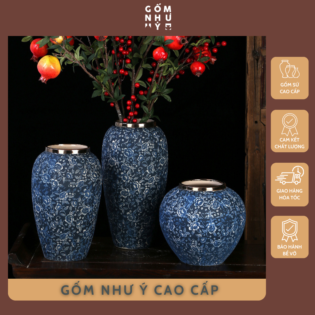 Bình Gốm Nghệ Thuật Hoa Văn Xanh - Phong Cách Vintage đơn Giản Decor Kệ 