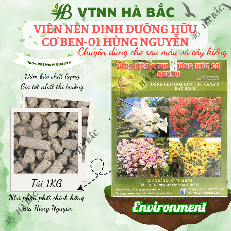 Viên nén dinh dưỡng hữu cơ Ben-01 Hùng Nguyễn (Hộp 1KG), chuyên dùng cho lan, cây cảnh và rau, bổ sung đa vi lượng