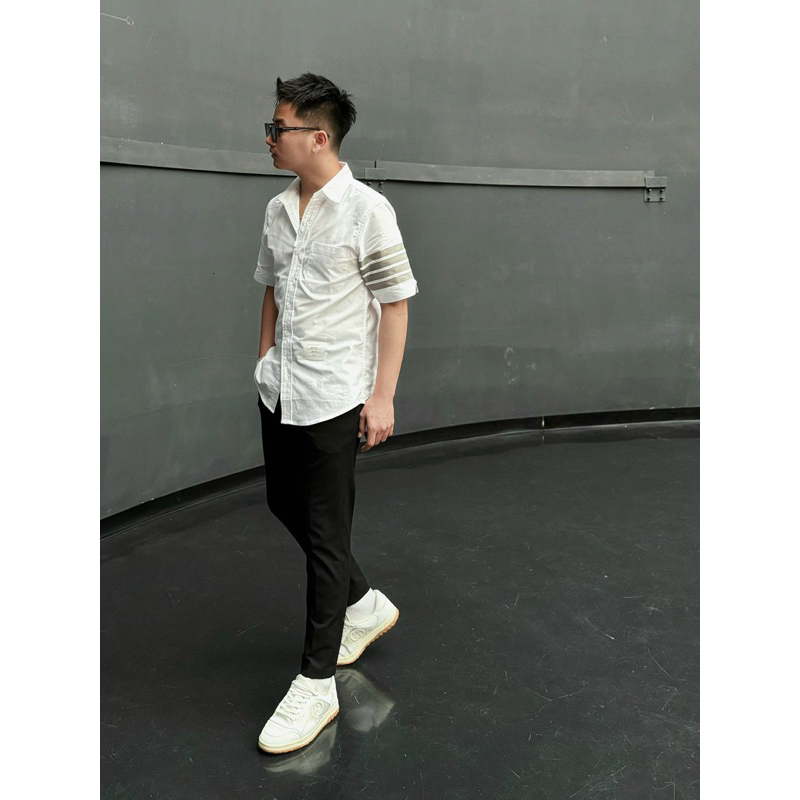 ⚡️[Hight Quality] Áo Sơ Mi Th.om Nam Nữ Ngắn Tay Vải Oxford - Điểm Nhấn 4 Vạch Xám Cao Cấp - TB Qccc Full Túi Tag