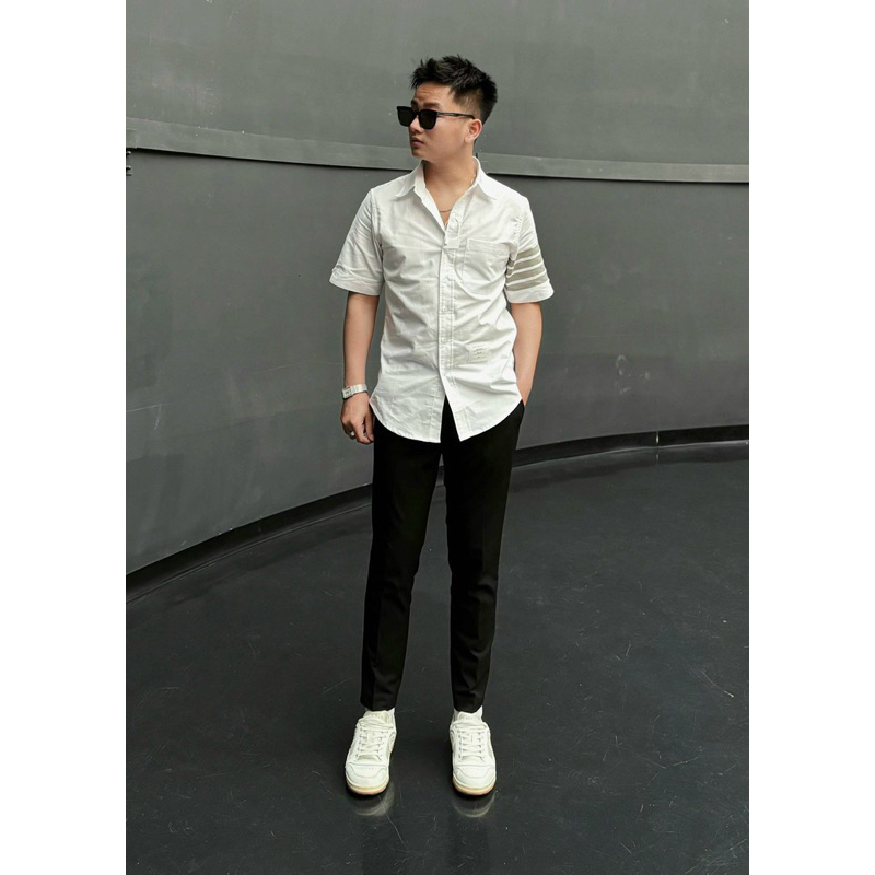 ⚡️[Hight Quality] Áo Sơ Mi Th.om Nam Nữ Ngắn Tay Vải Oxford - Điểm Nhấn 4 Vạch Xám Cao Cấp - TB Qccc Full Túi Tag