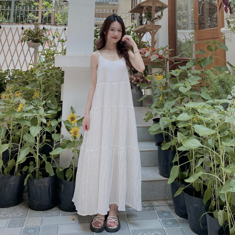 Váy maxi nữ dáng dài 2 dây chất xốp không nhăn vintage trơn nàng thơ ...