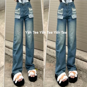 Quần jeans ống xuông màu xanh nhạt Yến Tee Shop , túi thêu aka cá tính #0673