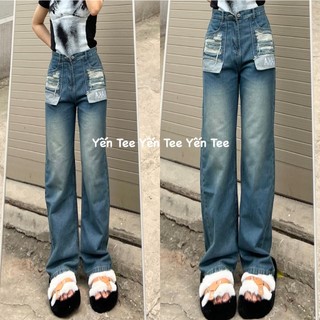 Quần jeans ống xuông màu xanh nhạt Yến Tee Shop , túi thêu aka cá tính #0673