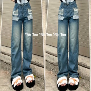 Quần jeans ống xuông màu xanh nhạt Yến Tee Shop , túi thêu aka cá tính #0673